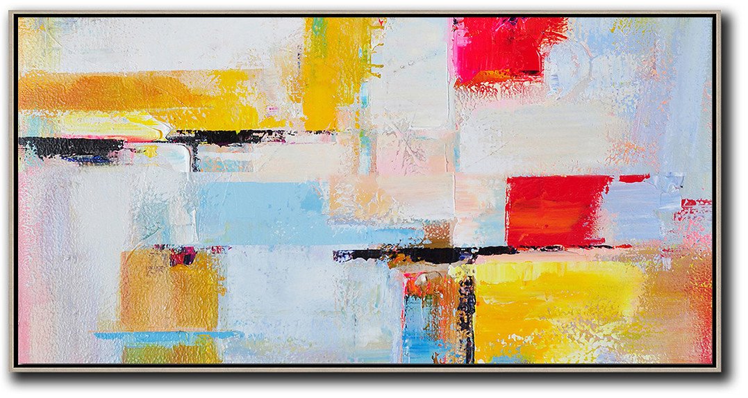 Big Wall Art For Living Room,Horizontal Palette Knife Contemporary Art Panoramic Canvas Painting,Bedroom Wall Decor,White,Blue,Yellow,Red.etc